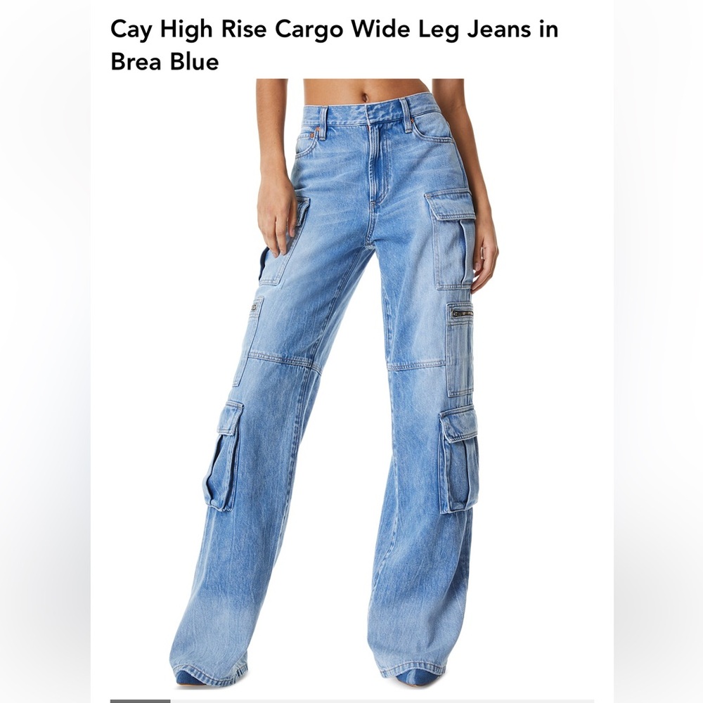 Alice and Olivia Cay High Rise Cargo Wide Leg Jeans in Brea Blue